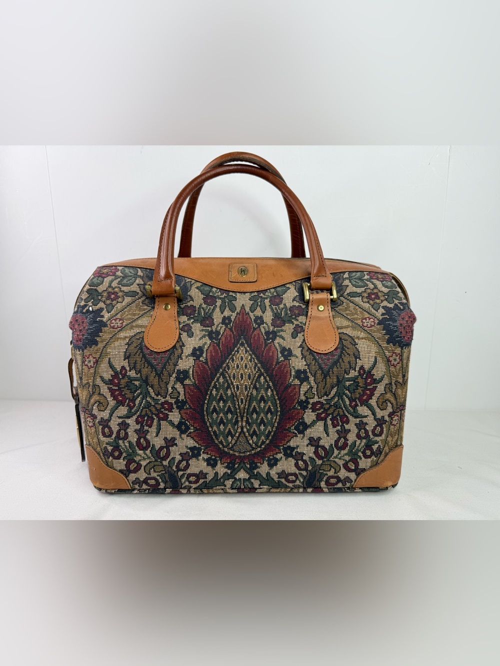Vintage Hartmann Paisley Flame Tapestry Carpet Bag Weekender Leather Handles